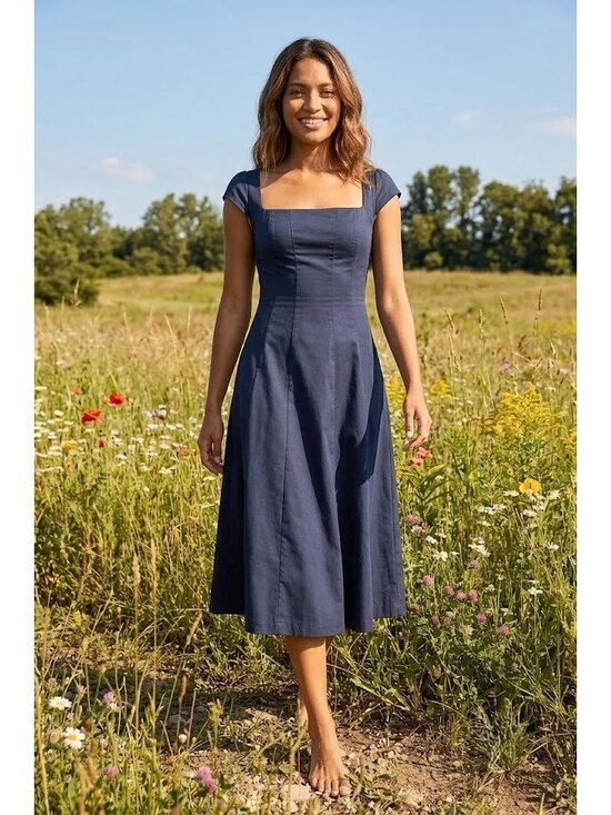 Reformation Dresses & Skirts - NWT Reformation Harlie in Navy Blue Cotton Cap-Sleeve A-Line Midi Dress 12